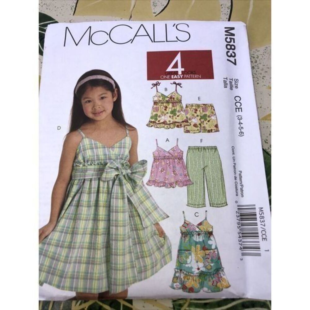 McCall’s M5837 Girls Top, Dress,sash,shirt, Capri Pattern English &Spanish 12pc